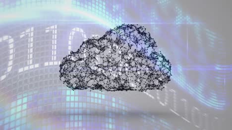animation of digital cloud over screens with binary code