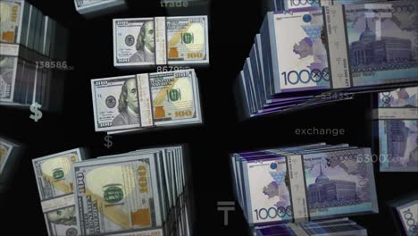 us dollar and kazakhstan tenge money exchange loop animation