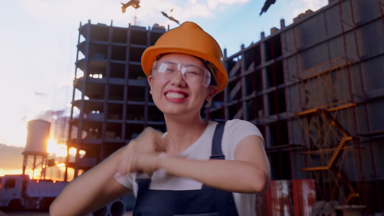 Close Up Of Asian Woman Worker Wearing Goggles And Safety Helmet Dancing While Standing At Construction Site