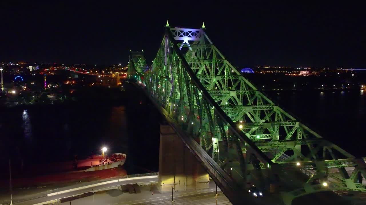 Jacques Cartier Bridge Night Aerial View, Traffic Passing, Panning Shot, Montreal