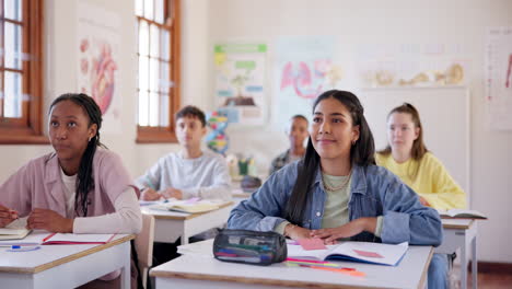 Hands-raised,-girl-and-students-in-high-school