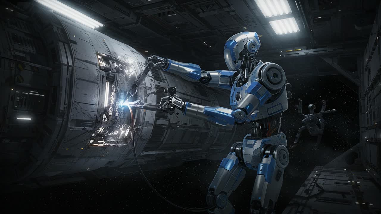 A futuristic robot engages in intricate maintenance on a damaged spacecraft, utilizing advanced technology to repair structural integrity in a zero-gravity environment