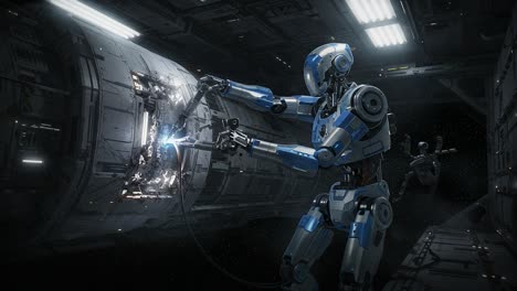a futuristic robot engages in intricate maintenance on a damaged spacecraft, utilizing advanced technology to repair structural integrity in a zero-gravity environment