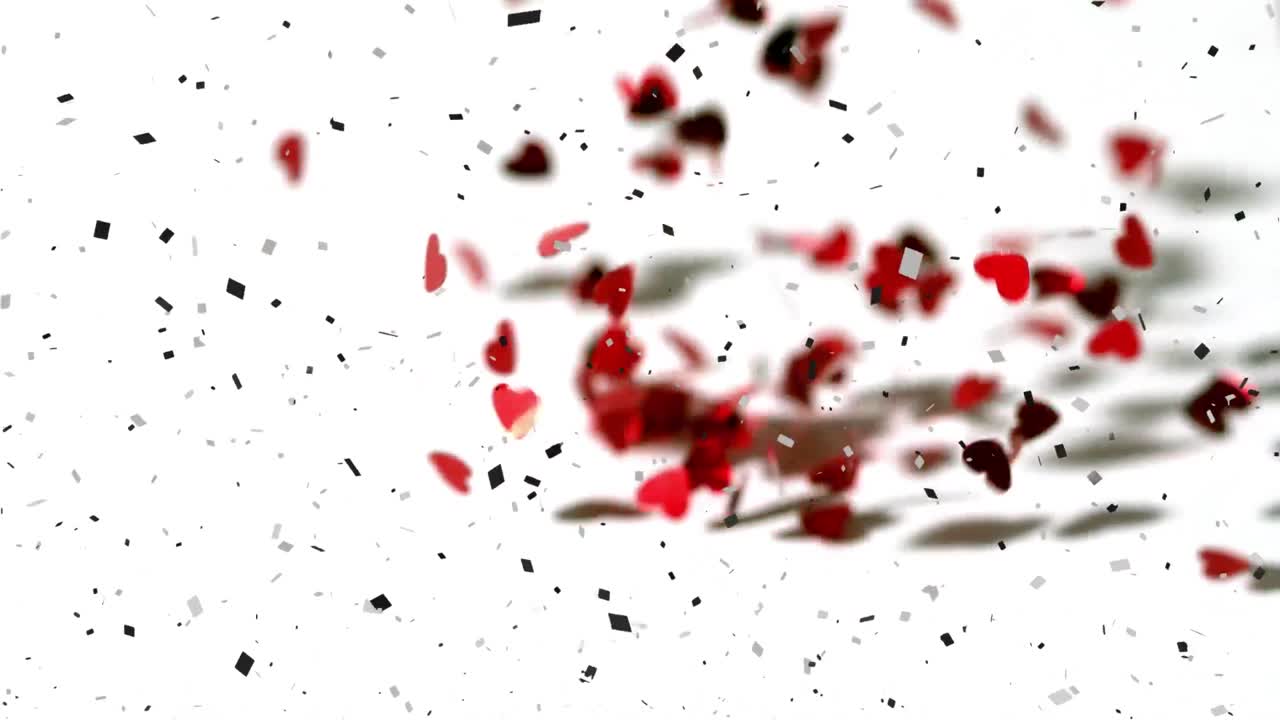 animación de confeti y corazones rojos cayendo sobre un fondo blanco