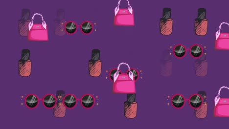 animation of handbag and glasses icon over purple background