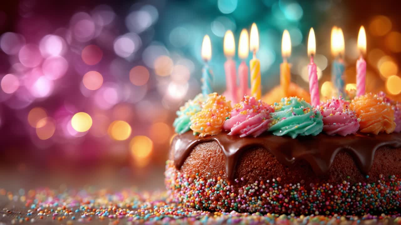 A Vibrant Celebration with a Delicious Chocolate Cake Adorned with Colorful Frosting, Festive Candles, and Cheerful Sprinkles, Perfect for Special Occasions
