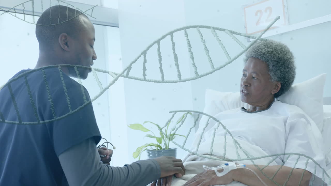 Animation af DNA-strenge over afroamerikansk mandlig læge og ældre kvindelig patient i hospitalsseng.