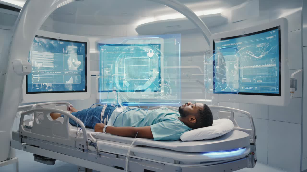 Uomo sottoposto a scansione medica avanzata in un letto d'ospedale futuristico