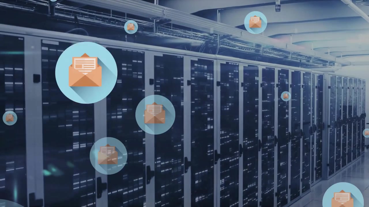 Animation of floating email icons over computer servers and data processing