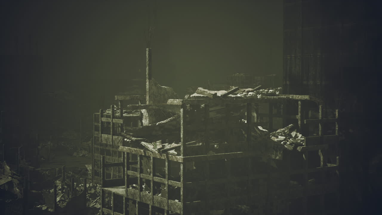 Ruins of a once bustling city captured in shadow and decay