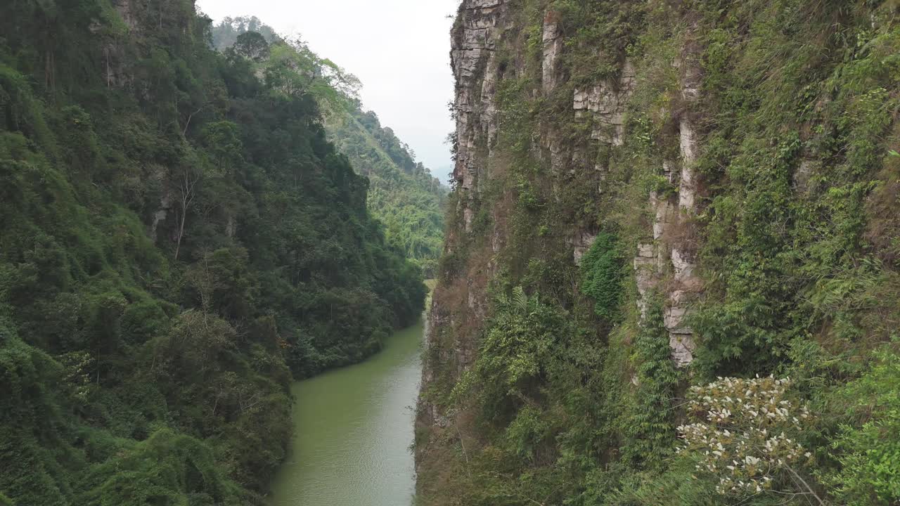 Fly above a tranquil river flowing through a canyon, surrounded by dense jungle in Ha Giang. This aerial view captures the untouched beauty of northern Vietnam’s landscape.