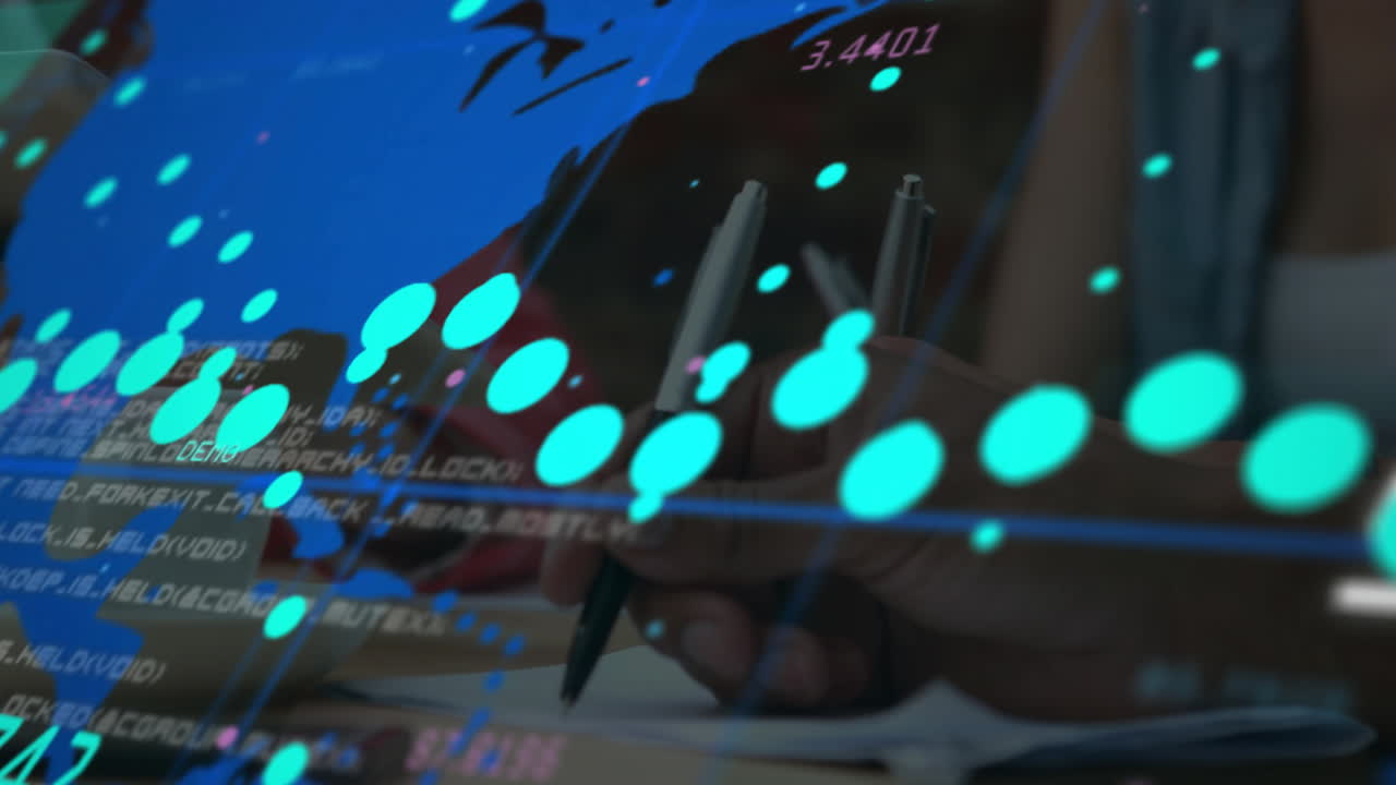 Writing with pen, hands over glowing dots and lines animation