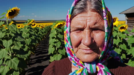 elderly woman in sunflower field