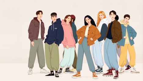 fashion illustration of diverse young adults in casual streetwear