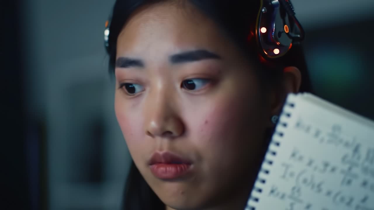 A focused young woman engages deeply with her notes, showcasing a moment of concentration and reflection in a modern, innovative environment.