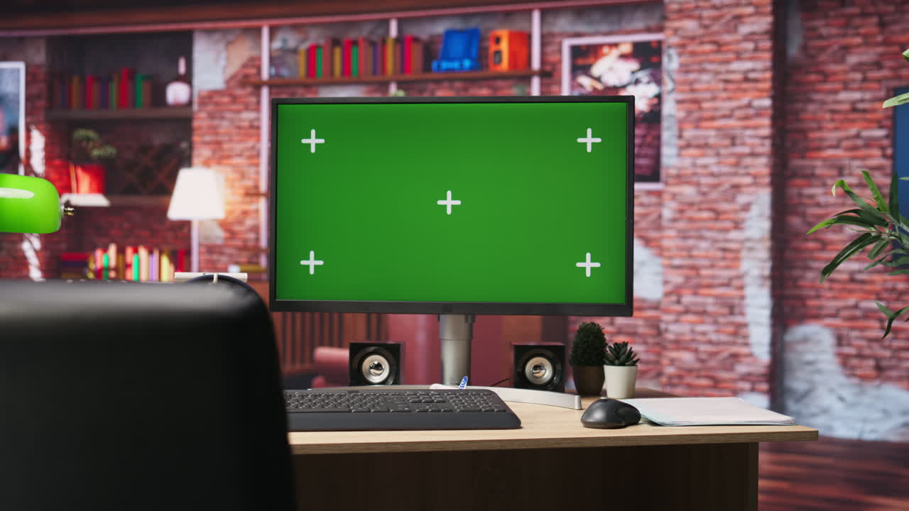 Chroma key PC display in brick wall loft room