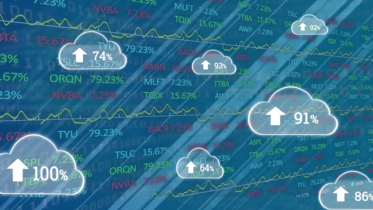 animación de nubes con porcentaje y procesamiento de datos sobre fondo azul