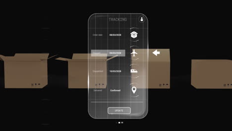 Animation of digital interface with icons and data processing over boxes on black background