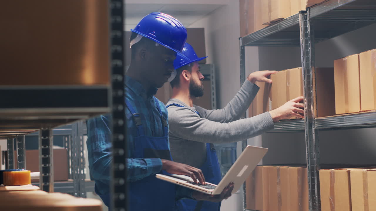 Warehouse Worker with Laptop Checking Inventory