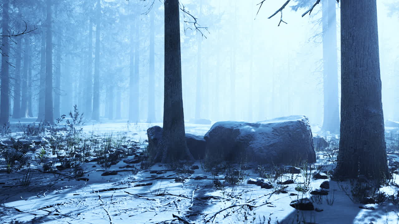 pine forest illuminated by the morning sun on a foggy early spring day