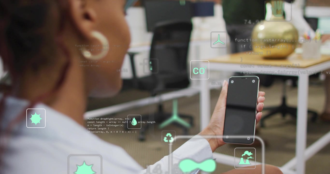 Vertical video: Office woman raising phone, activating AR environment charts, icons tracking motion