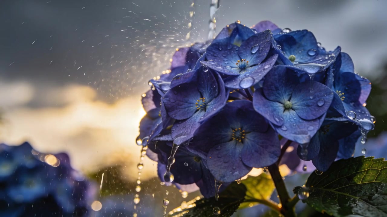 Pouring narrow watering stream hitting hydrangea blossom in garden, wetting petals to water plant