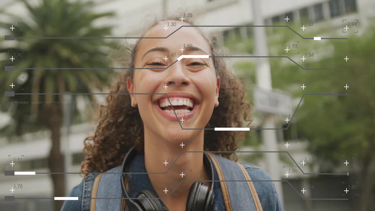 Animation with data graphics overlay, woman outdoors wearing headphones, smiling