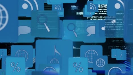 iconos de internet en un cubo con códigos de computadora