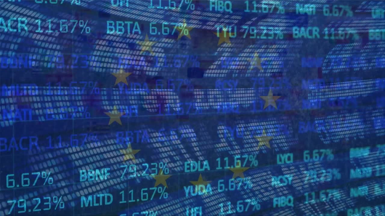 Animation of diverse financial data and graphs over european union flag