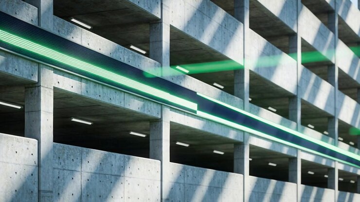 Painel verde surgindo e faixa de neon atravessando estrutura de estacionamento para demonstração de iluminação
