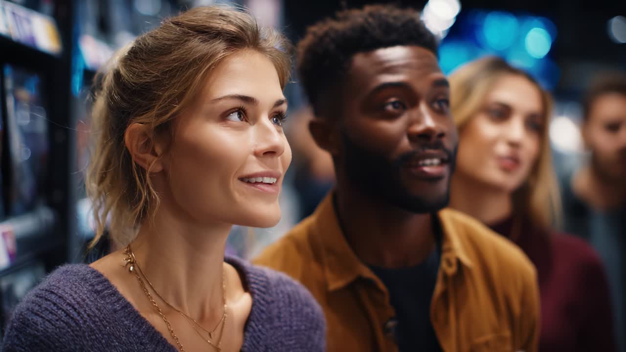 A Captivating Moment of Wonder and Curiosity as a Group of Friends Explore the Exciting World of Technology and Entertainment, Reflecting Their Enthusiasm and Connection in Two Engaging Frames
