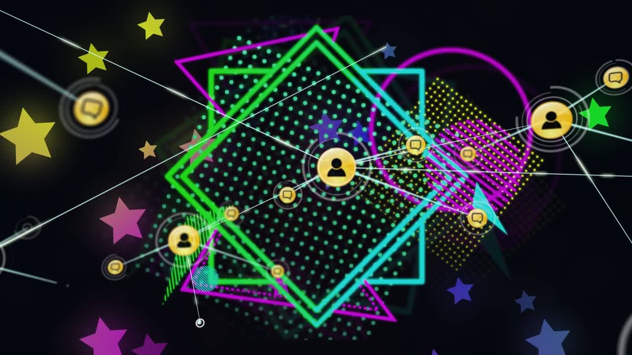 Animation d'un réseau de connexions avec des icônes de personnes superposé à des formes abstraites et un fond noir.