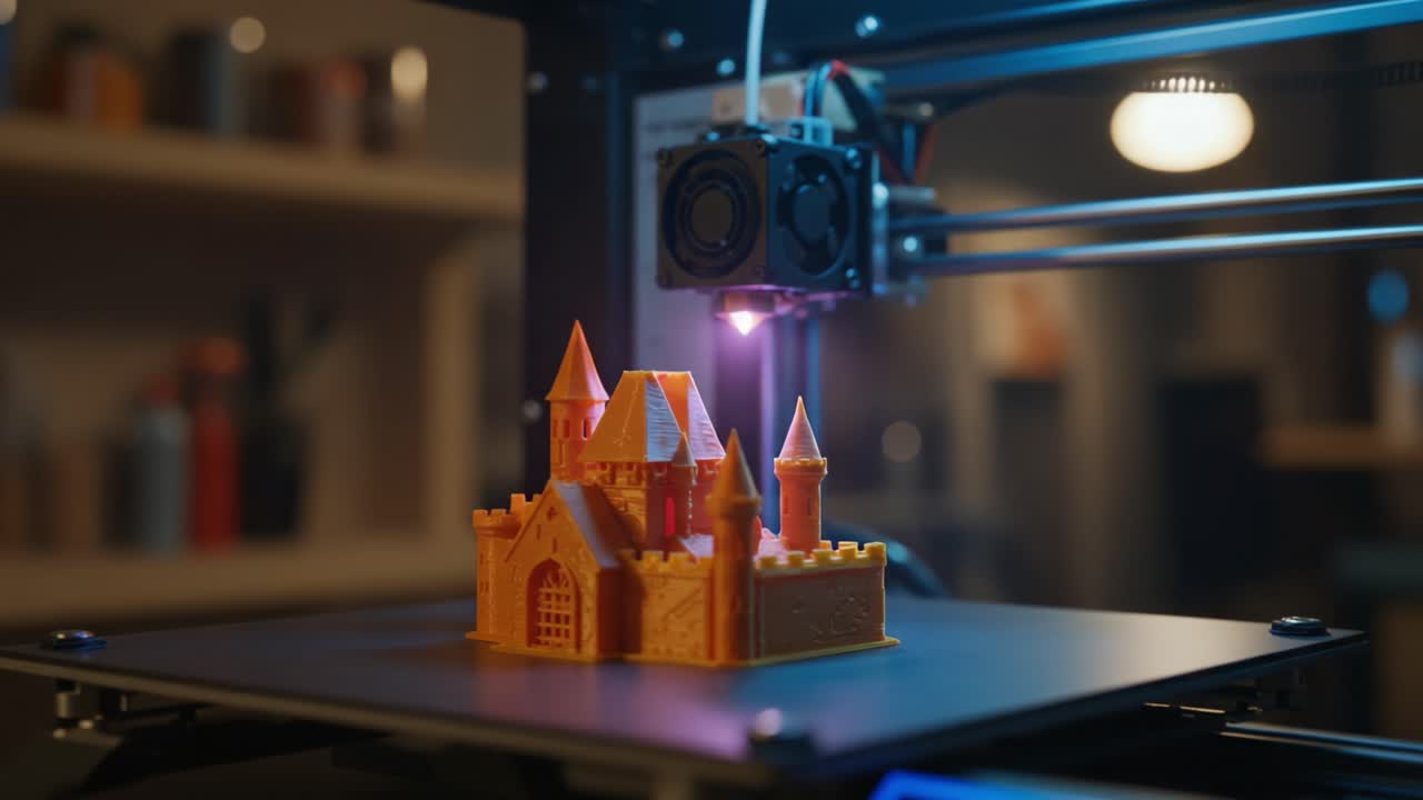 3D Printing Process of a Vibrant Castle Model: Capturing the Intricate Details and Textures as the Printer Brings the Fantasy Structure to Life