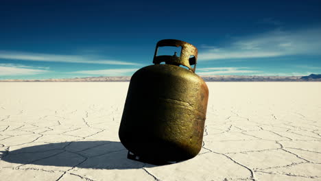 old rusted danger gas container on salt lake