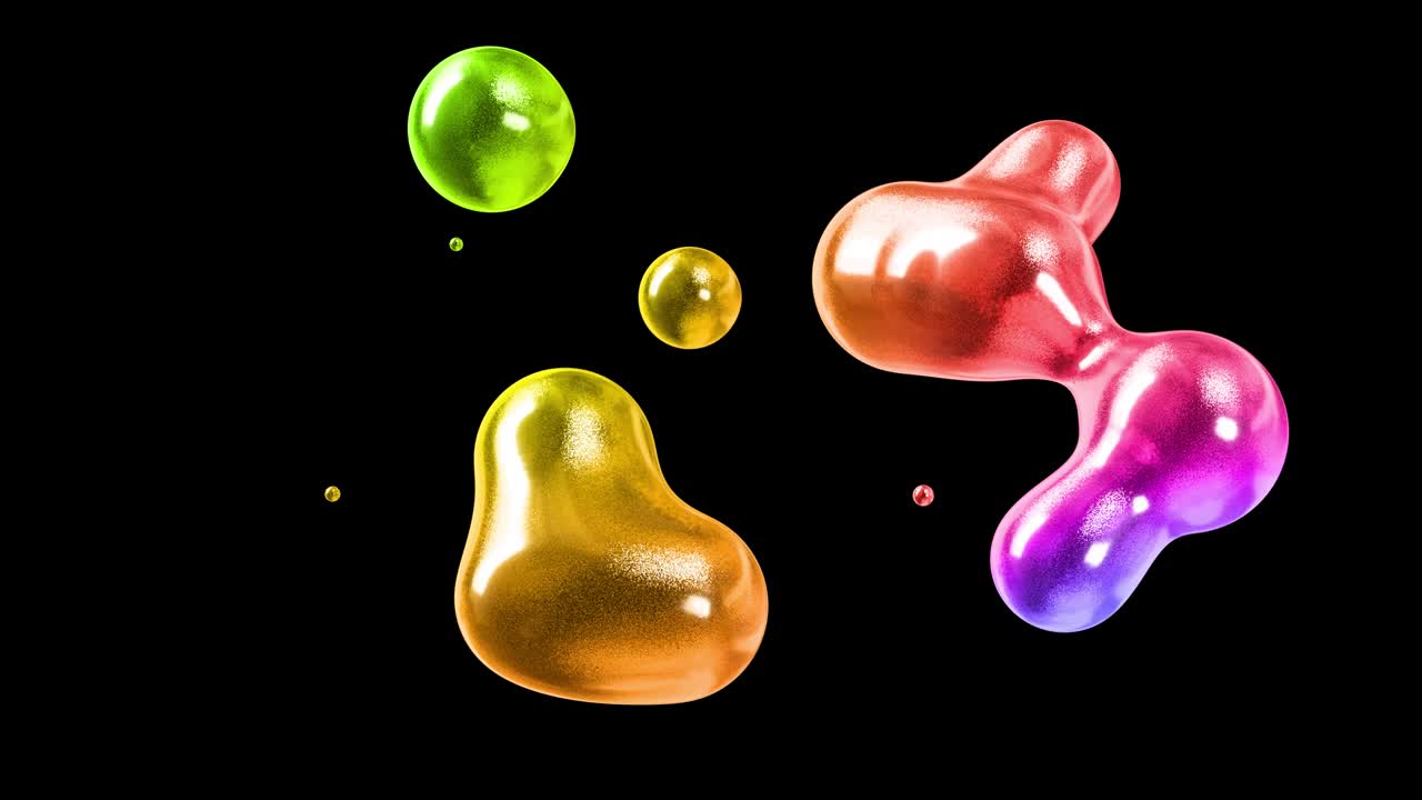 메타볼의 추상적인 배경은 유리 방울이나 반이는 구로 가득 차있는 것처럼 융합되어 4k에서 순환적으로 움직입니다.