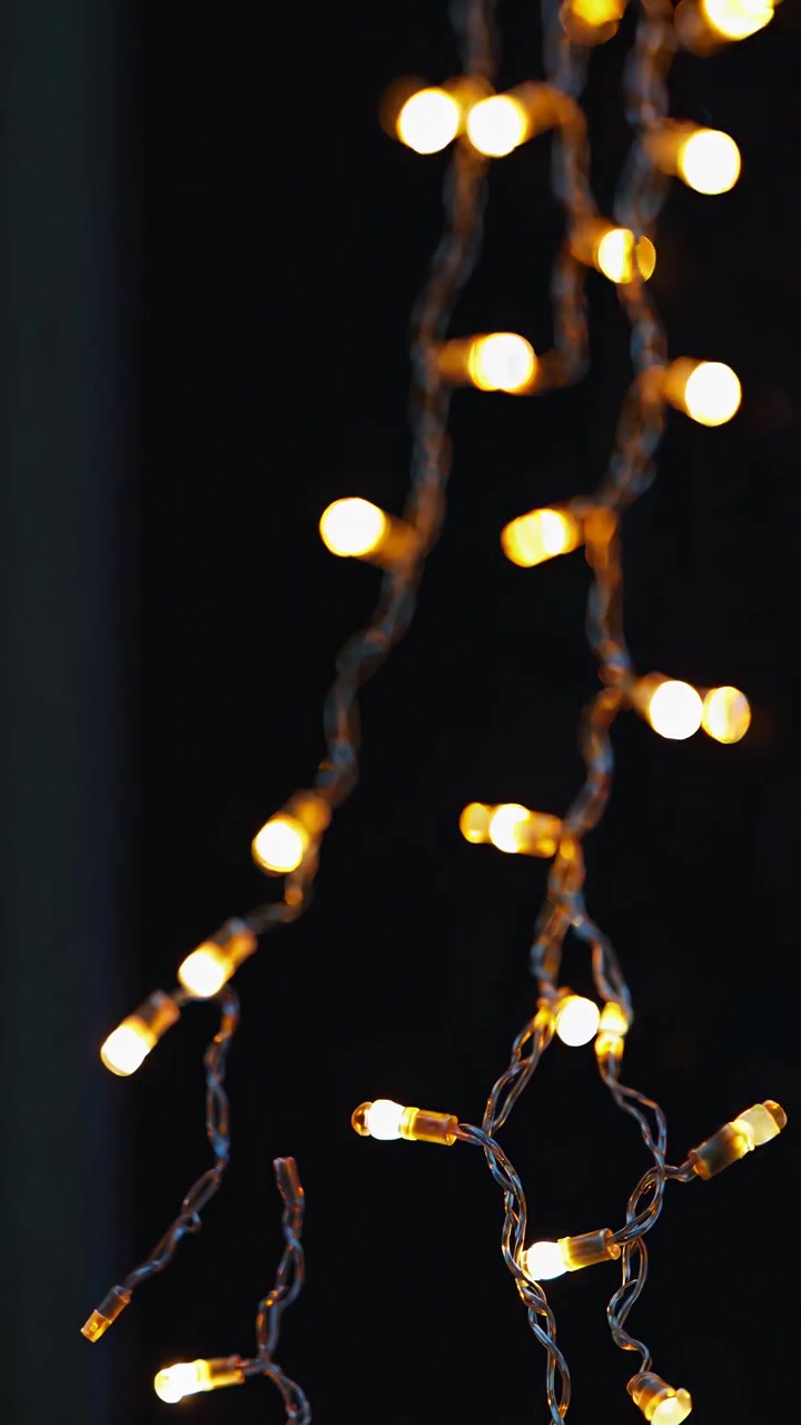 Glowing Warm Fairy Lights Hanging Against a Dark Background