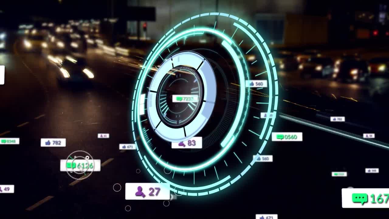 Animation of scope scanning over social media icons and cityscape