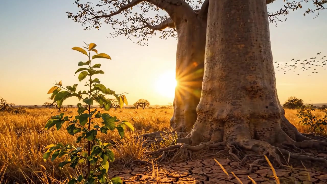 Maestosi Alberi di Baobab Sagomati Contro un Tramonto Vibrante in una Prateria Pacifica, Evidenziando la Bellezza della Natura e della Crescita