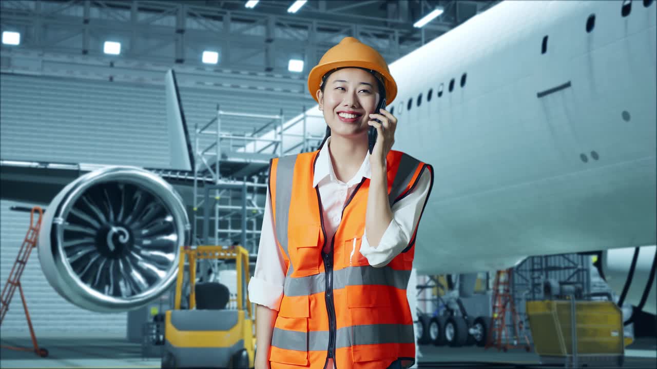 ingeniera asiática con casco de seguridad hablando en teléfono inteligente mientras está de pie con el avión en el hangar