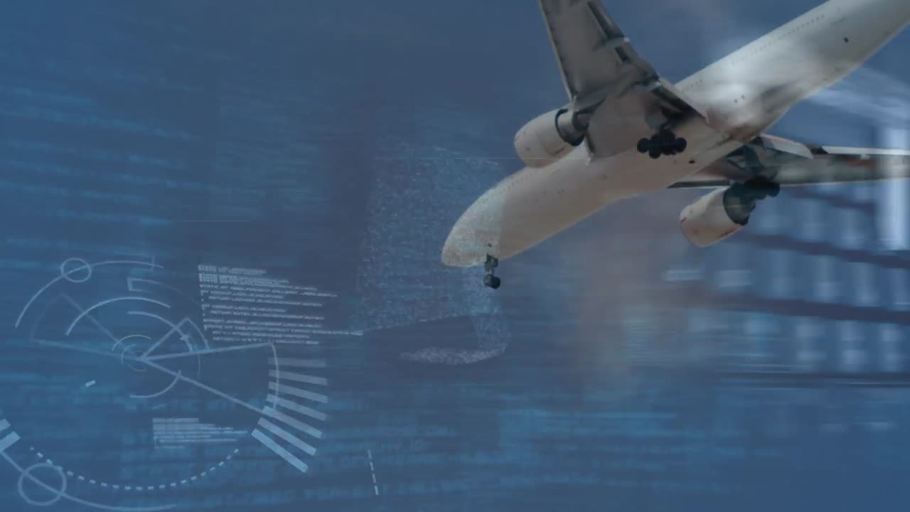 키보드에 타이핑하는 백인 남자의 손 위에 다양한 데이터, 그래프 및 평면의 애니메이션