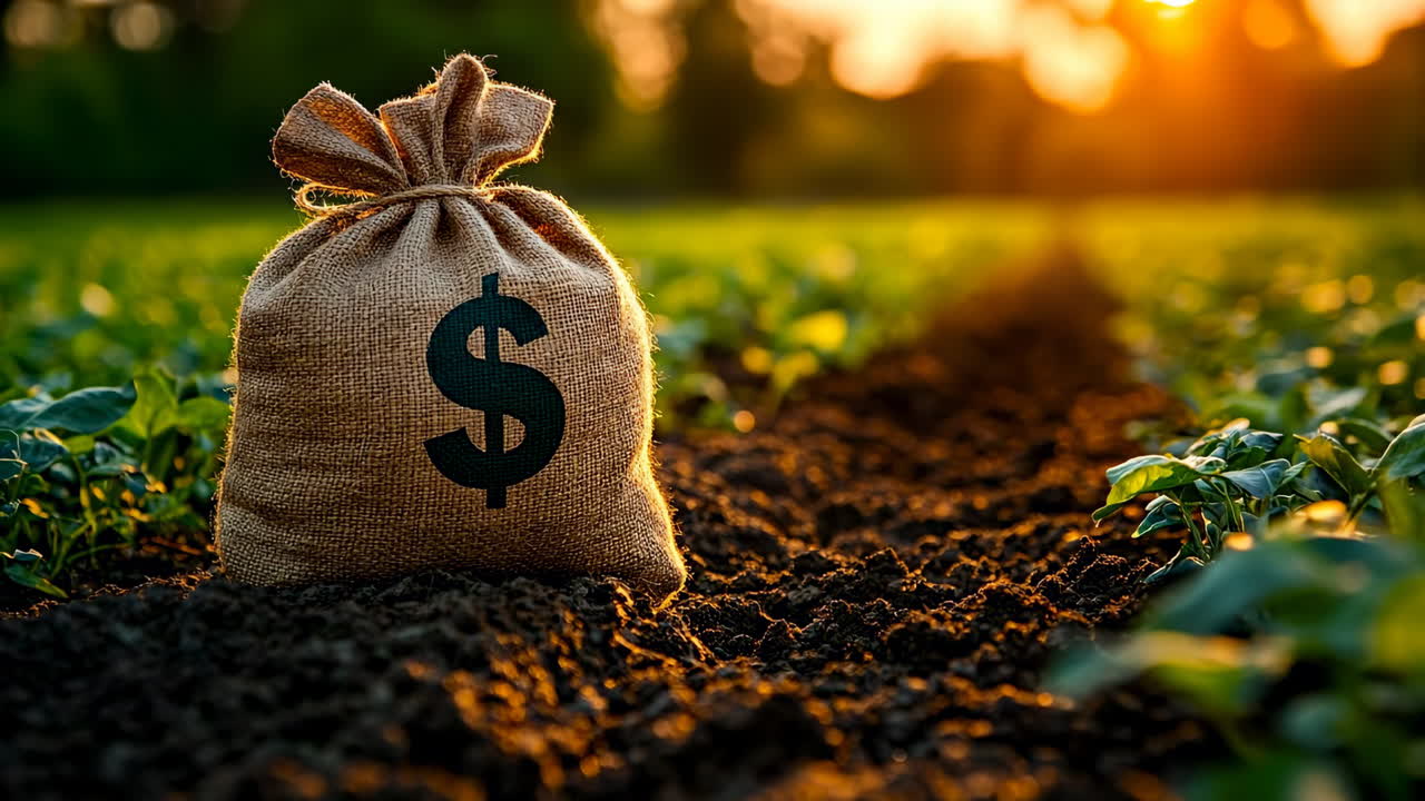Money bag in a field at sunset. A burlap bag with a dollar sign sits on dark soil among green plants as the sun sets in the background