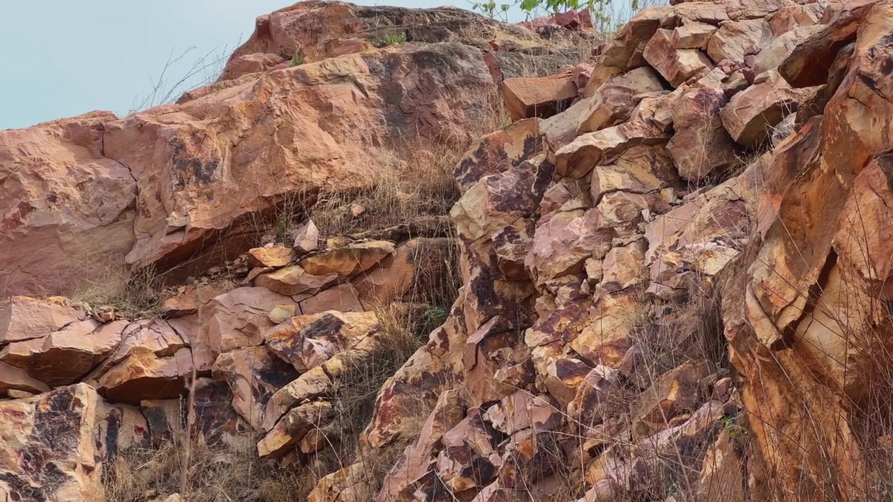 Panoramica su una scogliera rocciosa aspra che mostra formazioni rocciose fratturate, superfici erose e motivi minerali naturali. Erbe secche che crescono tra le rocce esaltano il carattere arido del paesaggio.