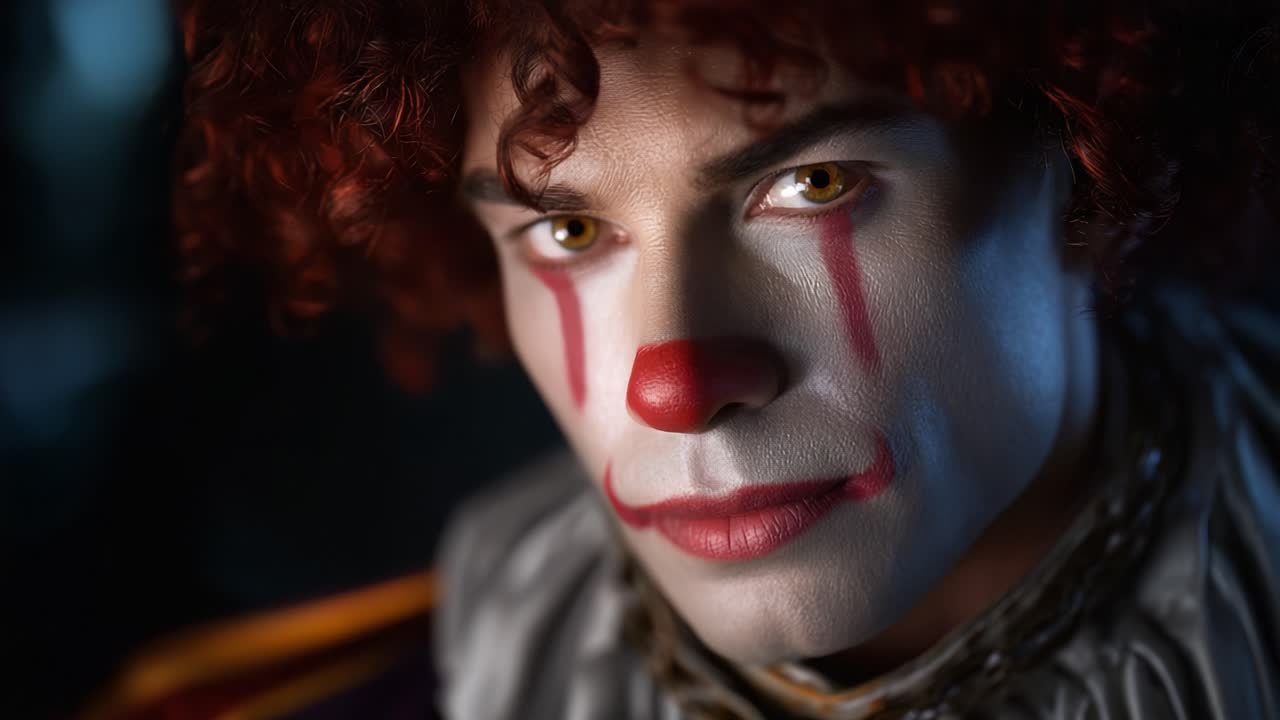 Mysterious Clown Portrait: A Close-Up of a Colorful Clown with Bold Makeup and Expressive Eyes Capturing the Essence of Playfulness and Intrigue