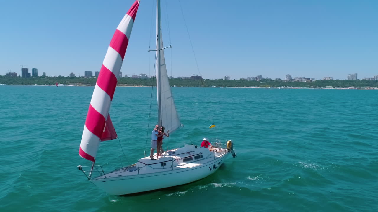 Sailing Ship At Sea. Yachting on serene seascape at open sea