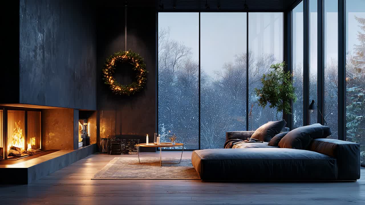 A Cozy Modern Living Room Setting Featuring a Stylish Fireplace, Large Windows with Scenic Winter Views, and Decorative Elements Like a Wreath, Perfect for Relaxation and Comfort During the Chilly Season