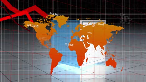 Animation-Der-Statistischen-Datenverarbeitung-über-Der-Weltkarte-Gegen-Die-Form-Eines-Sich-Drehenden-Würfels