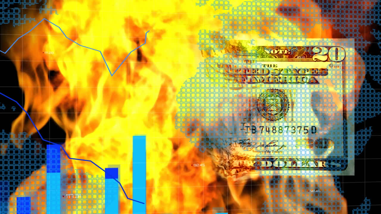 Digital image shows burning dollar affecting global finance on a world map.