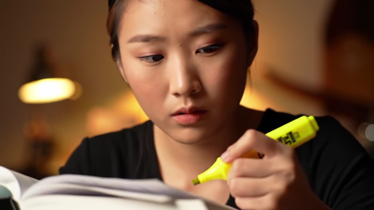 Focused Student Engages in Study with Highlighting Technique, Demonstrating Concentration and Determination in an Intimate Learning Environment