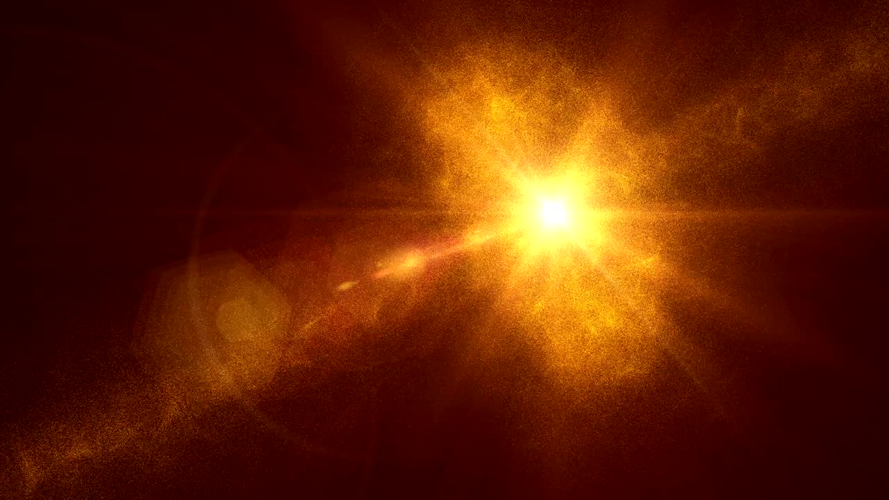 Sun shining 3d footage. Bright circle futuristic animation. Light tunnel bursting. Abstract background with yellow light rays and golden powder. Flaming motion video. Flickering particles