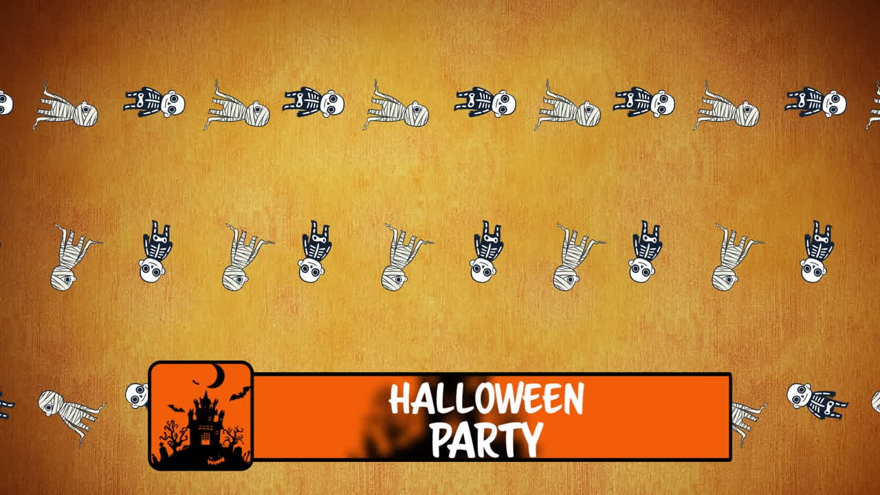 animación de saludos de halloween y zombis flotantes y momias sobre fondo naranja